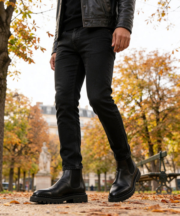 Finsbury – Bottines Fulham - Noir, homme en jean noir et bottines noires, marchant dans un parc