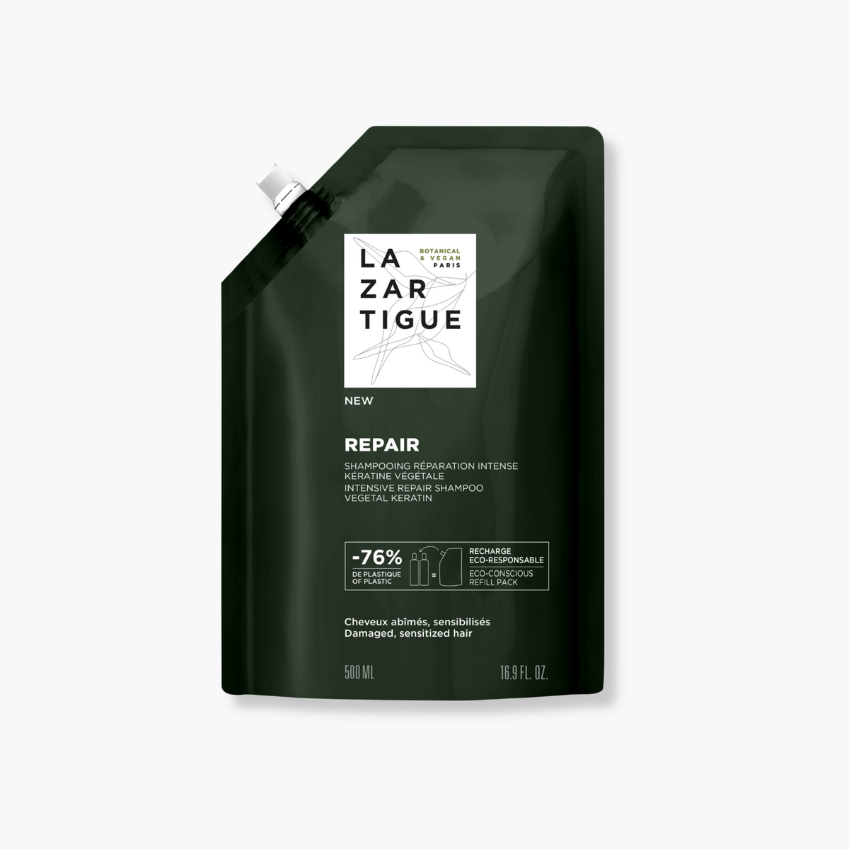 Lazartigue – Recharge Shampoing Repair (Shampoing Réparation Intense), sachet de recharge de shampoing noir, vue de face