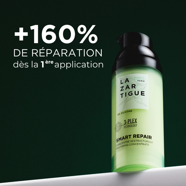 Lazartigue – Smart Repair  (Concentré Restructurant), flacon de soin capillaire vert et noir sur fond vert foncé