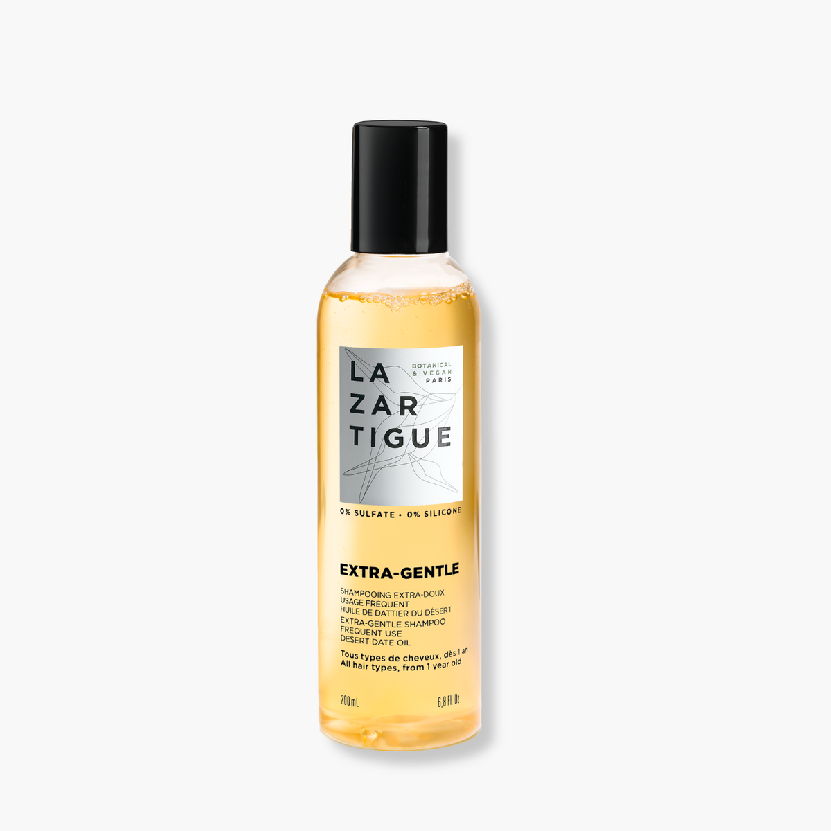 Lazartigue – Shampoing Extra-Gentle 200Ml (Shampoing Extra-Doux Usage Fréquent), bouteille de shampoing jaune et noire, vue de face