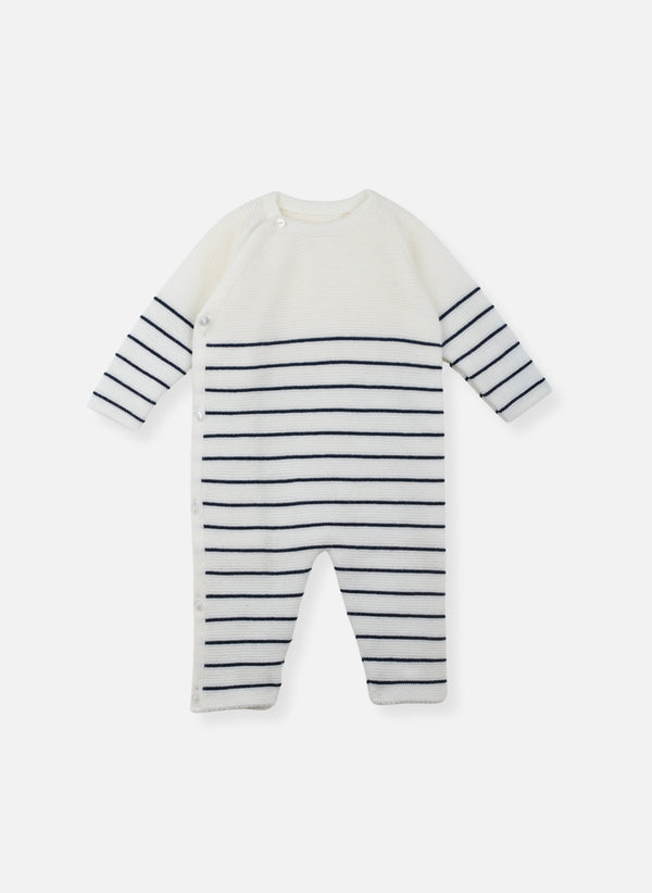 La Manufacture De Layette – Pelele marinero Les Basiques - Écru À Rayures Marines, mono de punto para bebé en color blanco y rayas marineras, vista frontal