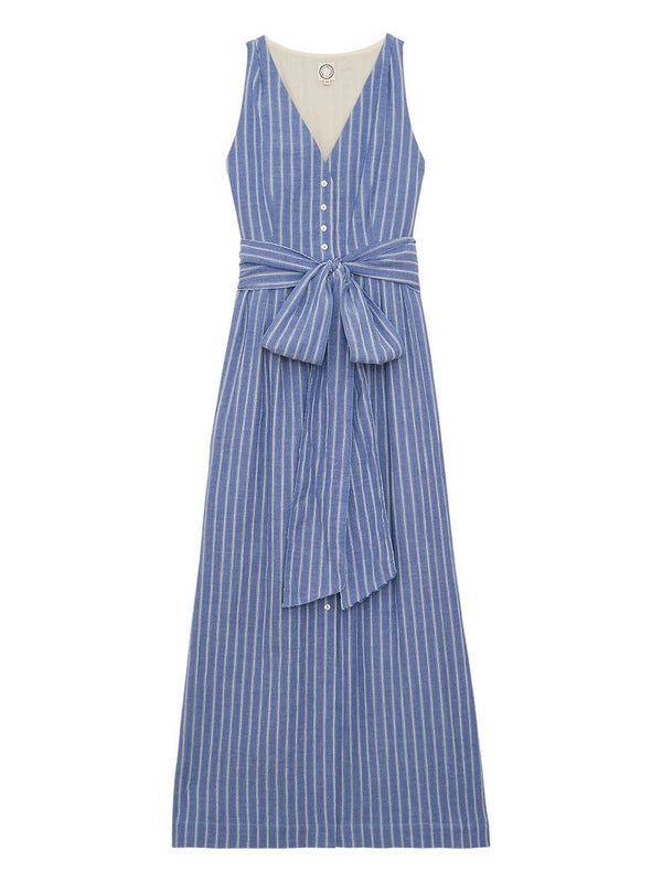 Ines De La Fressange – Robe Ambre - Bleu Blanc, robe longue sans manches bleue et blanche rayée avec ceinture à nouer