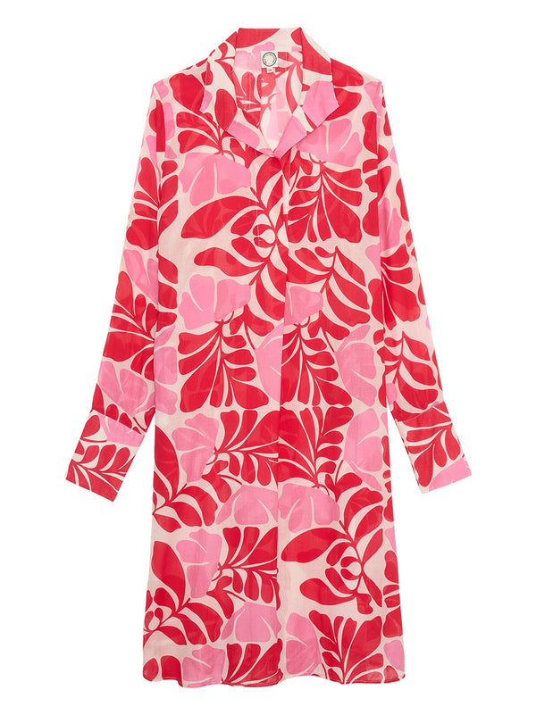 Ines De La Fressange – Robe Noella - Rouge Rose, robe chemise à motifs floraux rouges et roses sur fond blanc