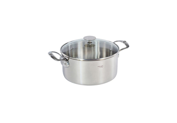 De Buyer – Milady - Faitout - Inox - Argent, casserole en acier inoxydable avec couvercle en verre transparent, vue de face