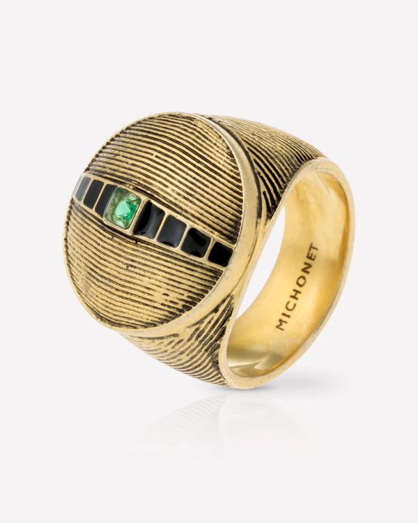 Michonet – Bague Jaipur, bague dorée avec motif strié, bande noire et pierre verte