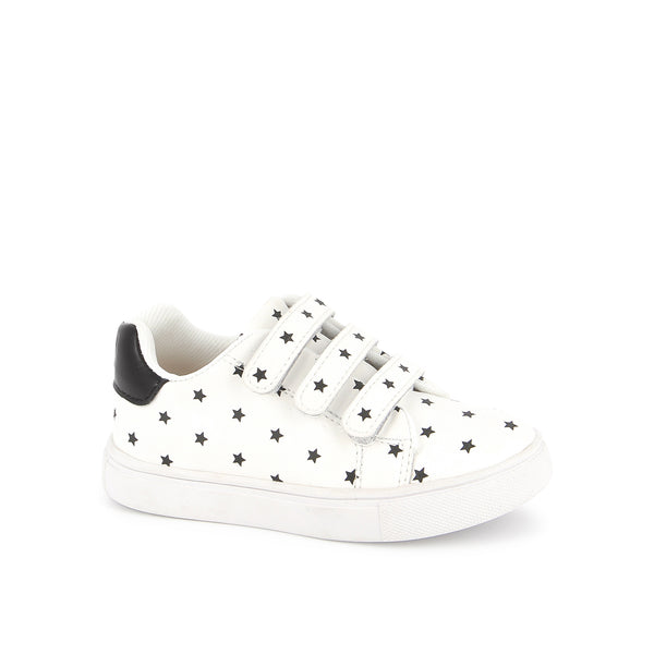 Pom d'Api – Bonton - Basil Scratch - Blanc Cassé/Noir, chaussure enfant blanche à scratchs avec motifs étoiles noires