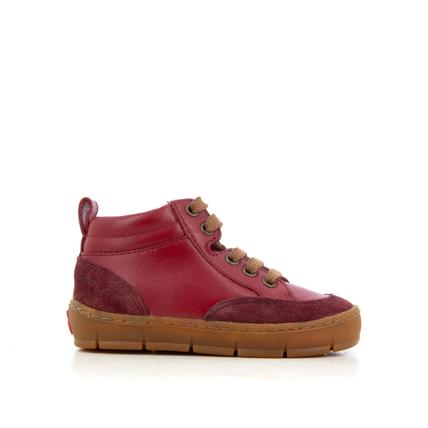 Pom d'Api – Pom D'Api - Start Skate - Bordeaux, chaussure montante rouge en cuir et daim, lacets marron, vue latérale